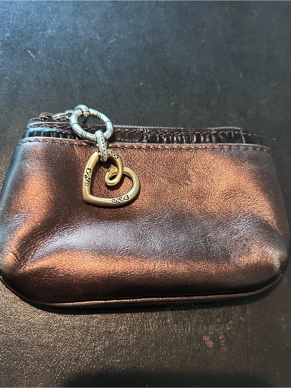 Brighton Bronze Metallic Leather Coin/Key Pouch with Heart Charm Zip Closure